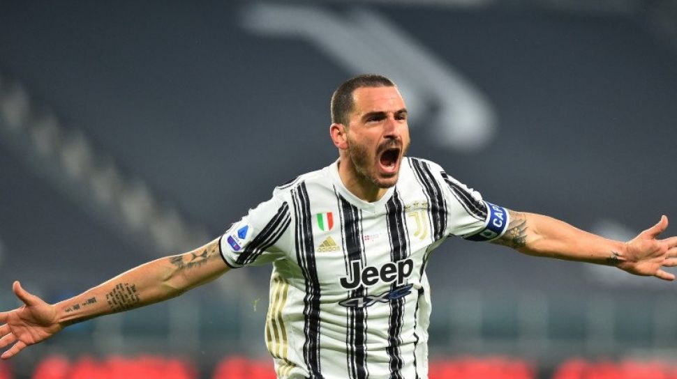 Bek Juventus Leonardo Bonucci merayakan gol. (ANTARA/REUTERS/MASSIMO PINCA)