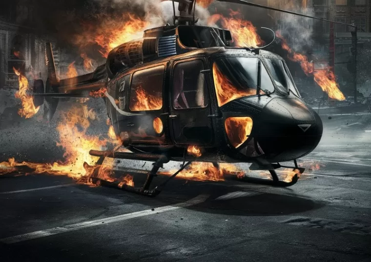 Ilustrasi helikopter Glen Malcolm Conning dibakar (foto: Ideogram AI)