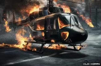 Ilustrasi helikopter Glen Malcolm Conning dibakar (foto: Ideogram AI)