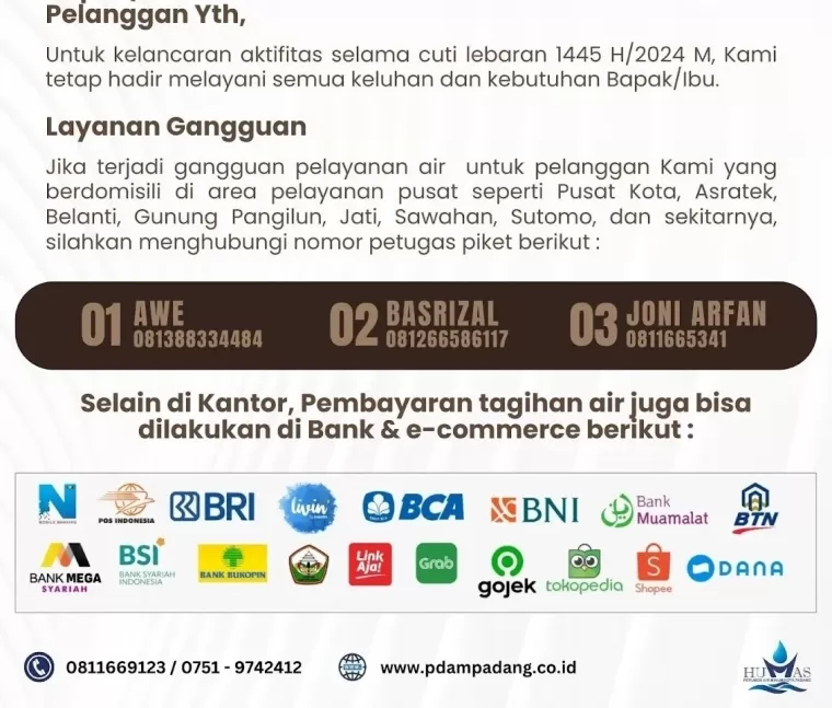 Gangguan Layanan Air Bersih Selama Libur Lebaran, Untuk Area Pusat, Hubungi Nomor Ini!