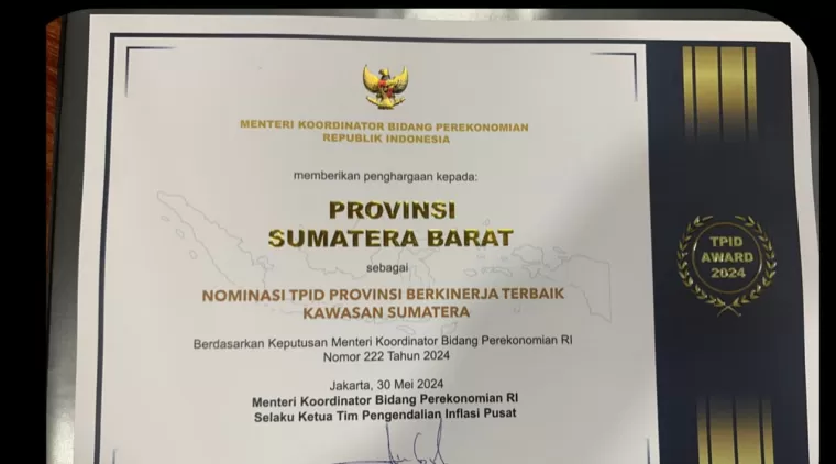 Provinsi Sumbar Berhasil Menjadi Nominasi TPID Berkinerja Terbaik Kawasan Sumatera