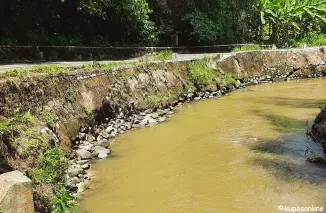 Kondisi terkini kerusakan retaining wall Batang Mangguang, ruas Jalan Puskesmas Sikapak - Mesjid Al Abrar Cubadak Air Kota Pariaman.(Trisnaldi)