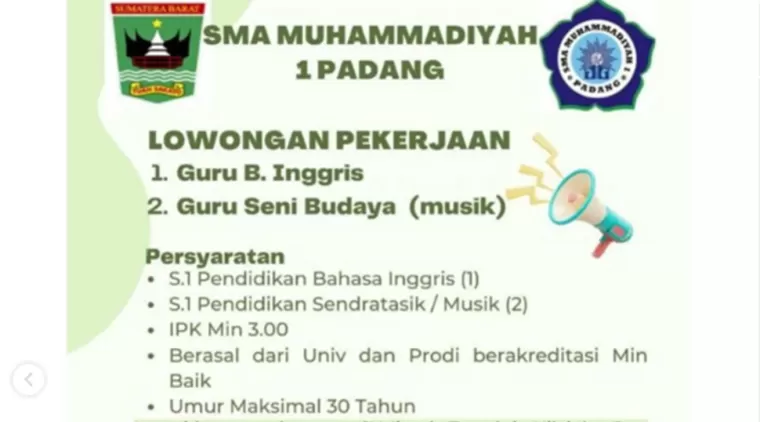 Kesempatan Karir! Dibuka Lowongan Guru Bahasa Inggris &amp; Seni Musik di SMA Muhammadiyah 1 Padang