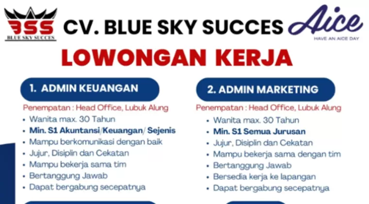 Lowongan Kerja Januari 2025, Admin Keuangan, Marketing, dan Sales di Aice Group Company!