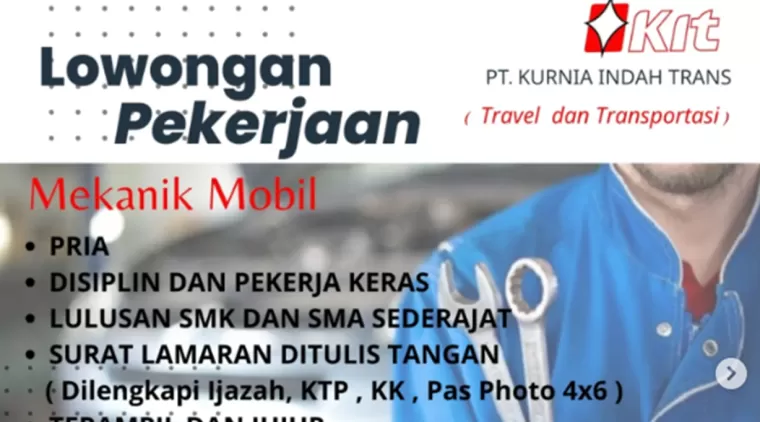 Lowongan Kerja PT Kurnia Indah Trans di Padang, Mekanik Mobil dan Karyawan Penjualan Diperlukan Segera!