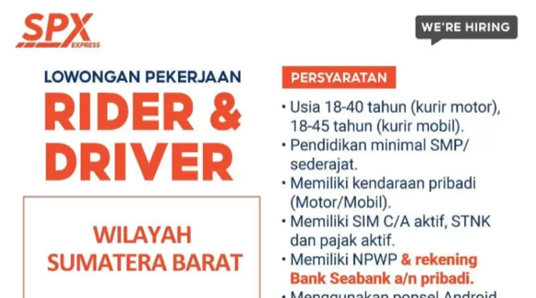 Lowongan Kerja SPX Express Sumatera Barat, Dibutuhkan Rider &amp; Driver Januari 2025