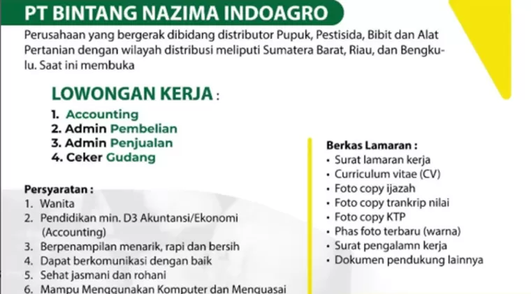 Lowongan Kerja Terbaru PT. Bintang Nazima Indoagro Januari 2025! 4 Posisi Menanti Anda!