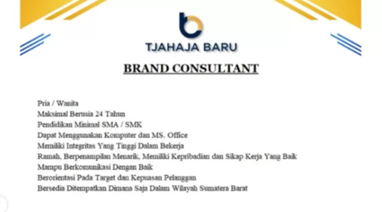 Lowongan Kerja Tjahaja Baru Padang Januari 2025! Kesempatan Berkarier sebagai Brand Consultant!