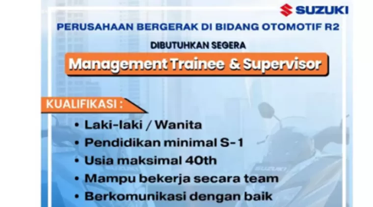 Suzuki Motor Buka Lowongan Kerja Januari 2025 untuk Posisi Management Trainee dan Supervisor!