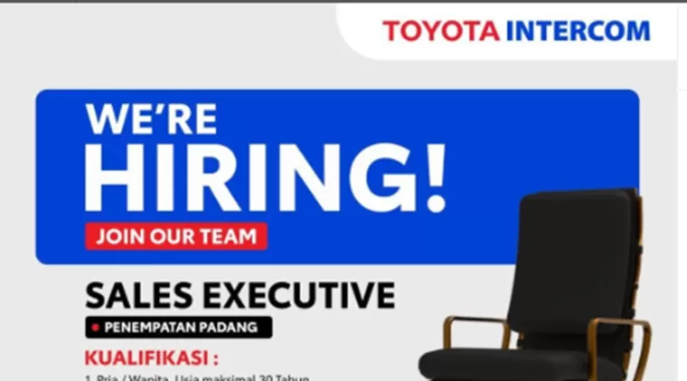 Toyota Intercom Padang Buka Lowongan Sales Executive, Simak Syarat dan Cara Lamarnya!