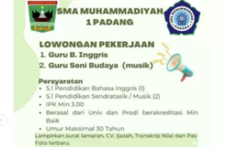 Kesempatan Karir! Dibuka Lowongan Guru Bahasa Inggris & Seni Musik di SMA Muhammadiyah 1 Padang