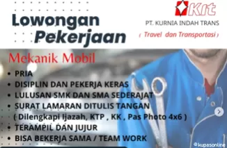 Lowongan Kerja PT Kurnia Indah Trans di Padang, Mekanik Mobil dan Karyawan Penjualan Diperlukan Segera!