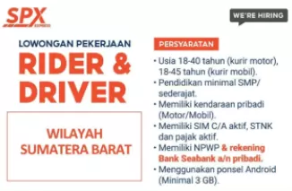 Lowongan Kerja SPX Express Sumatera Barat, Dibutuhkan Rider & Driver Januari 2025