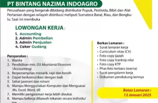 Lowongan Kerja Terbaru PT. Bintang Nazima Indoagro Januari 2025! 4 Posisi Menanti Anda!