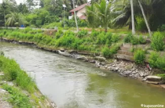 Kondisi kerusakan batu beronjong penahan tebing aliran sungai dekat jembatan Pauh Kota Pariaman saat ini.(Trisnaldi).