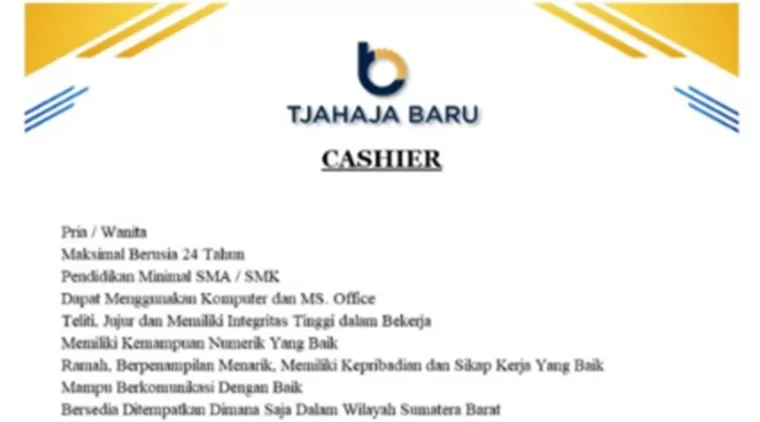 Bergabunglah dengan CV. Tjahaja Baru Padang -- Lowongan Cashier Terbuka hingga 28 Februari 2025!