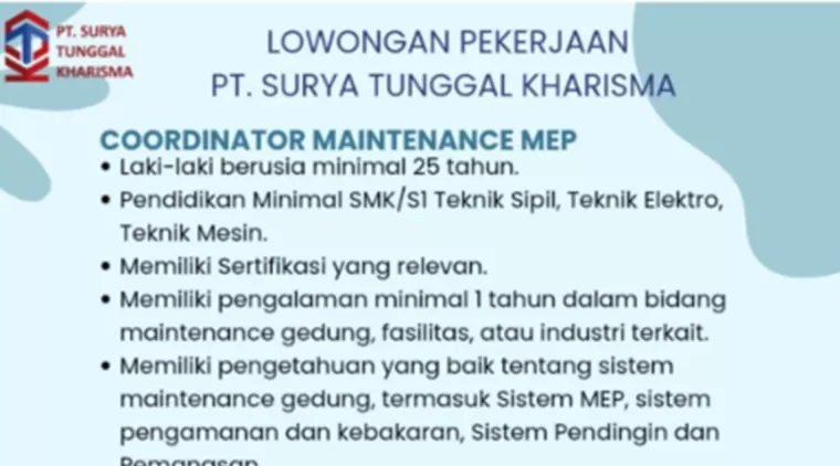 Dibuka! Lowongan Coordinator Maintenance MEP &amp; Maintenance di PT. Surya Tunggal Kharisma Pekanbaru