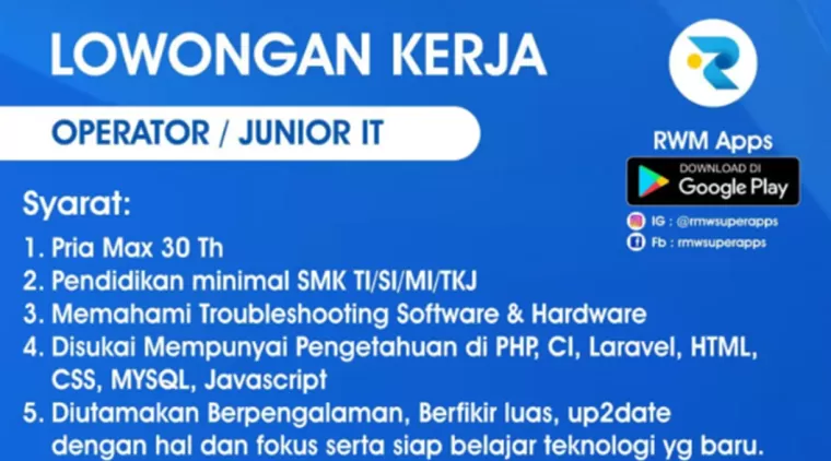 Kesempatan Kerja! PT Relasi Mahakarya Wijaya Cari Operator/Junior IT, Cek Syaratnya!