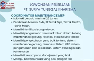 Dibuka! Lowongan Coordinator Maintenance MEP & Maintenance di PT. Surya Tunggal Kharisma Pekanbaru