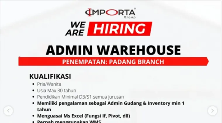 Dibuka! Lowongan Admin Warehouse PT Importa Jaya Abadi di Padang, Cek Syaratnya