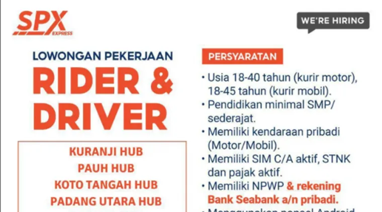 Kesempatan Karier di SPX Express! Dibutuhkan Rider &amp; Driver untuk Penempatan Kota Padang