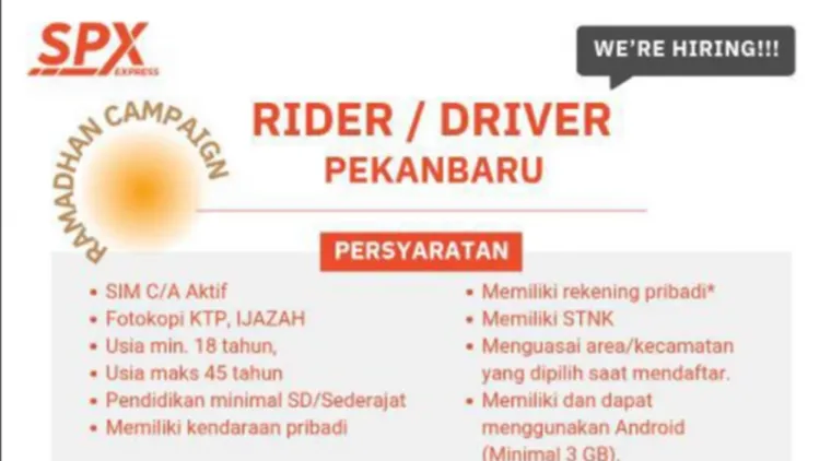 Lowongan Kerja SPX Express Pekanbaru! Jadi Rider/Driver dan Dapatkan Penghasilan Kompetitif