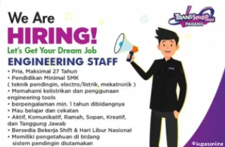 Lowongan Kerja Engineering Staff di Trans Studio Mini Padang -- Daftar Sekarang!