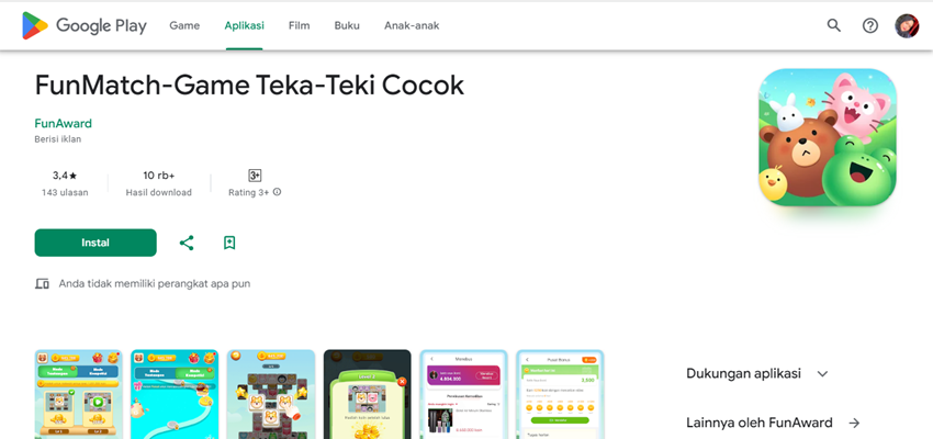 Dapatkan Hadiah Spektakuler Hingga HP dengan Harga Jutaan dengan Bermain Fun Match Penghasil Uang! (Foto: Google Play Store)