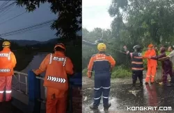 Petugas BPBD Tulungagung saat mengevakuasi pohon tumbang yang merintangi jalan raya