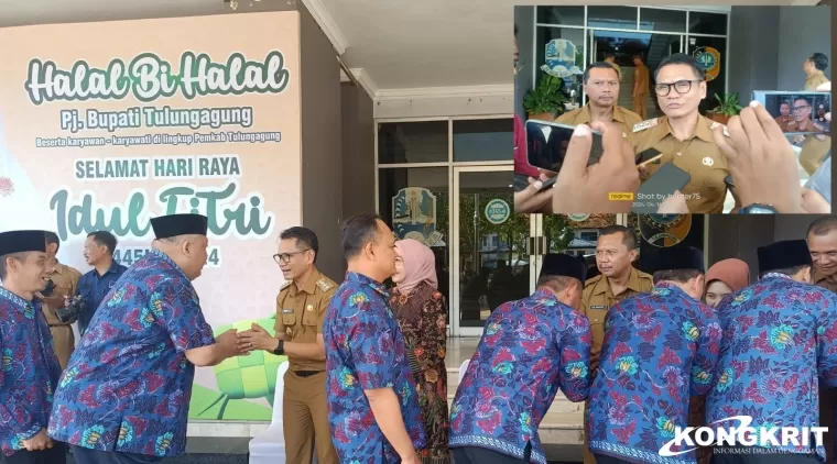 Pemkab Tulungagung menggelar halal bihalal di depan kantor Pemkab setempat (Insert :Pj Bupati didampingi Sekdakab Tulungagung saat diwawancarai sejumlah wartawan)