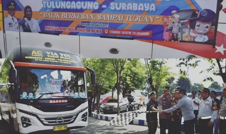 Sekdakab Tulungagung bersama perwakilan Forkopimda berangkatkan bus Balik Bareng Gratis di terminal Gayatri