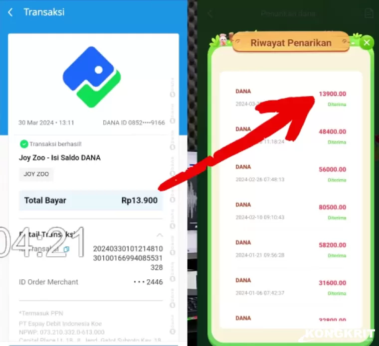 Riwayat Penarikan dan Bukti Pembayaran aplikasi penghasil uang Joy Zoo (foto: Youtuber Jadi Berkah)