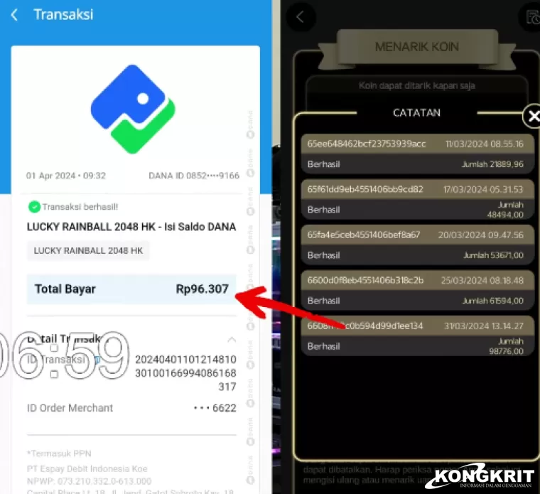 Bukti penarikan dan riwayat transaksi aplikasi penghasil uang Linescape Crush Saga (foto: Youtuber Jadi Berkah)