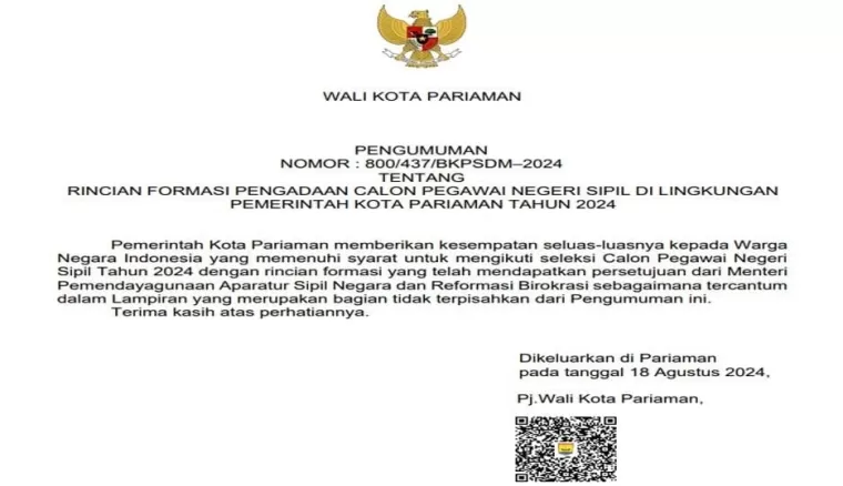 Pemko Pariaman Buka Rekrutmen CPNS 2024, Tersedia 178 Formasi untuk Tenaga Teknis dan Kesehatan