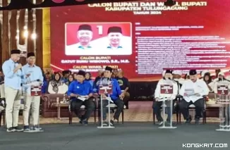 Paslon nomer urut 1 Gatut Sunu Wibowo - Ahmad Baharudin (GaBah) saat menyampaikan visi misi dan program kerja di acara debat publik pertama Bupati - Wakil Bupati Tulungagung 2024.