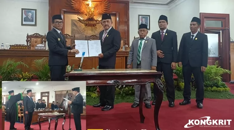 Pj Bupati bersama Ketua DPRD Tulungagung bersama para wakil ketua DPRD saat penyerahan berita acara persetujuan bersama Ranperda APBD TA 2025 (insert : Ketua DPRD saat membacakan sumpah/ janji anggota DPR PAW )