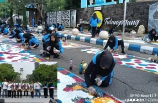 SMPN 1 Kedungwaru gelar aksi Seribu Pembatik Ciprat Arsiduta di seputaran Aloon-Aloon Tulungagung (Insert : Pj Bupati, Sekdakab, Ketua Panitia Hari Jadi Kabupaten Tulungagung, KS SMPN 1 Kedungwaru)