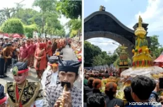 Bupati Tulungagung bersama Forkopimda kenakan baju tradisional di acara Bersih Nagari dan 2 buceng besar saat akan dibawa keluar untuk diperebutkan warga