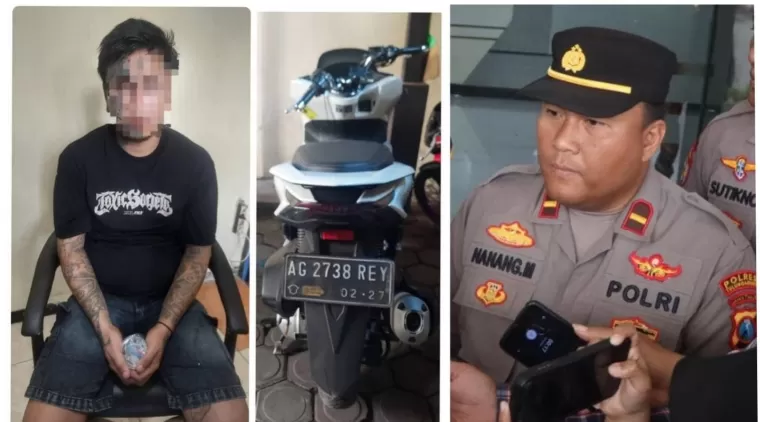 Dari kiri : Tersangka YDS, BM motor PCX, Kasi Humas Polres Tulungagung. (Foto Kolase)