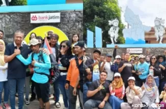 Gatut Sunu Wibowo Cabup Tulungagung terpilih merangkul Medy Kumal dan Wabup Ahmad Baharudin foto bersama Medy Kumal dan para relawan GaBah di Taman Nol Kilometer Tulungagung