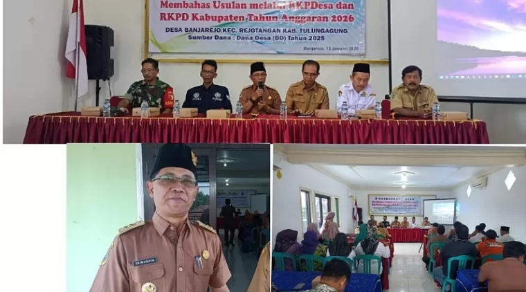 Foto kolase : Pemdes Banjarejo Kecamatan Rejotangan gelar Musrenbangdes 2025. Kiri bawah : Kades Zainuddin Jawahir