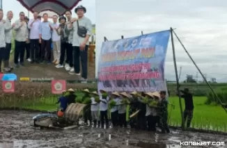 Kodim 0807 bersama Dispertan Tulungagung laksanakan Penanaman Demplot Padi di Desa Ngantru (Insert : Kadispertan Suyanto no 2 dari kiri dampingi Sekdakab Tri Hariadi, Bupati dan Wakil Bupati terpilih Gatut Sunu - Ahmad Baharudin)