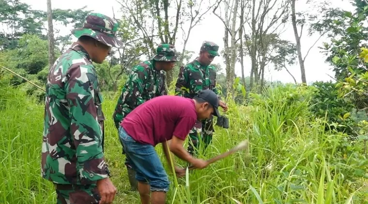 Keterangan foto utama : Satgas TMMD ke 123 bersama warga tanam ribuan pohon buah di wilayah Desa Nglurup dan Sendang