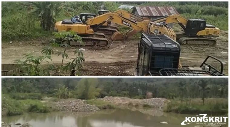 Foto atas: alat berat sedang parkir di nagari Padang metinggi; Foto bawah: bekas galian tambang di polongan dua Padang metinggi