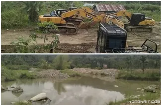 Foto atas: alat berat sedang parkir di nagari Padang metinggi; Foto bawah: bekas galian tambang di polongan dua Padang metinggi