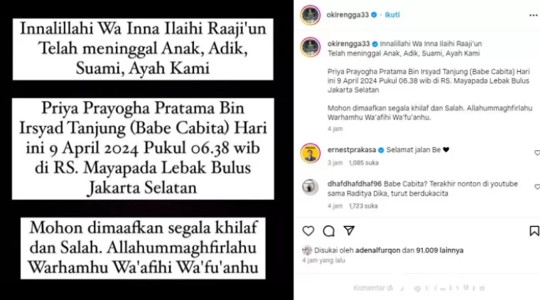 Standup Comedian Babe Cabita Tutup Usia, Oki Rengga Tulis Pesan Begini