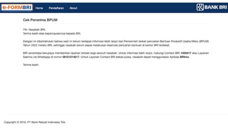 Tangkapan layar eform.bri.co.id (foto: Berita DIY)