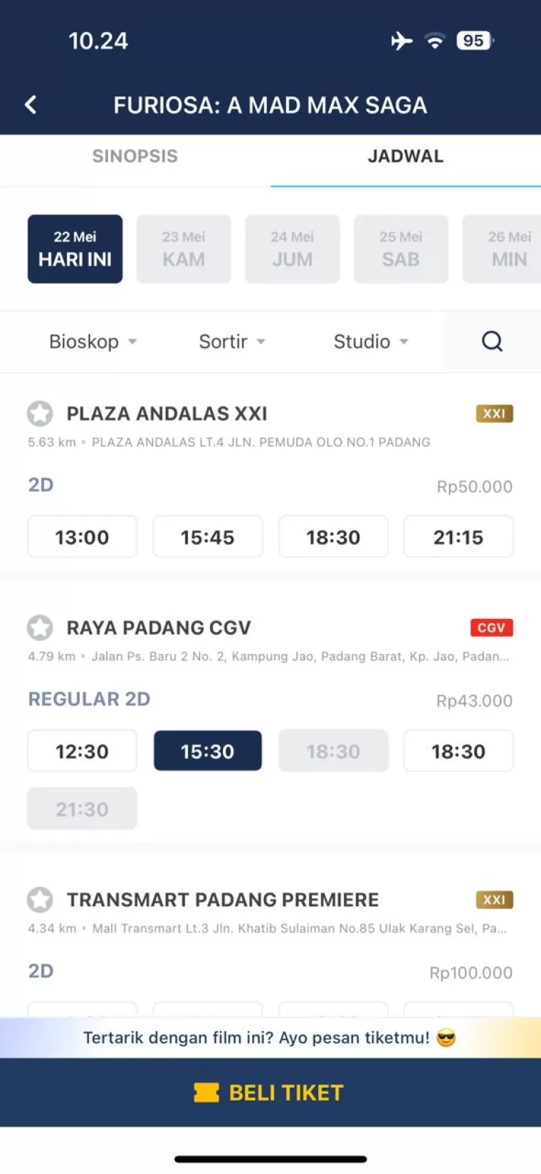 Kenaikan harga tiket bioskop beberapa hari kemudian di bulan yang sama (foto: aplikasi Tix ID)