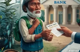 Ilustrasi Petani Sawit yang meminjam uang ke Bank (foto: ideogram AI)