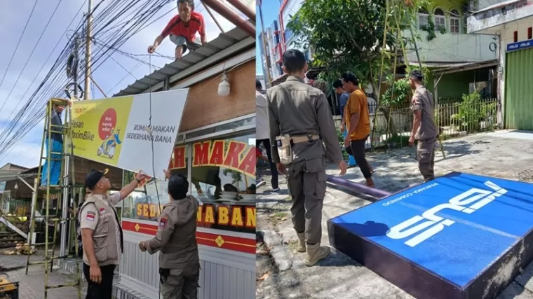 Tim Bapenda Padang tengah membongkar reklame yang membandel, Kamis (29/8/2024).(Foto: Bapenda Kota Padang)